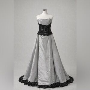 Jovani Black lace bustier and silver grey  Strapless full skirt Gown wedding 12